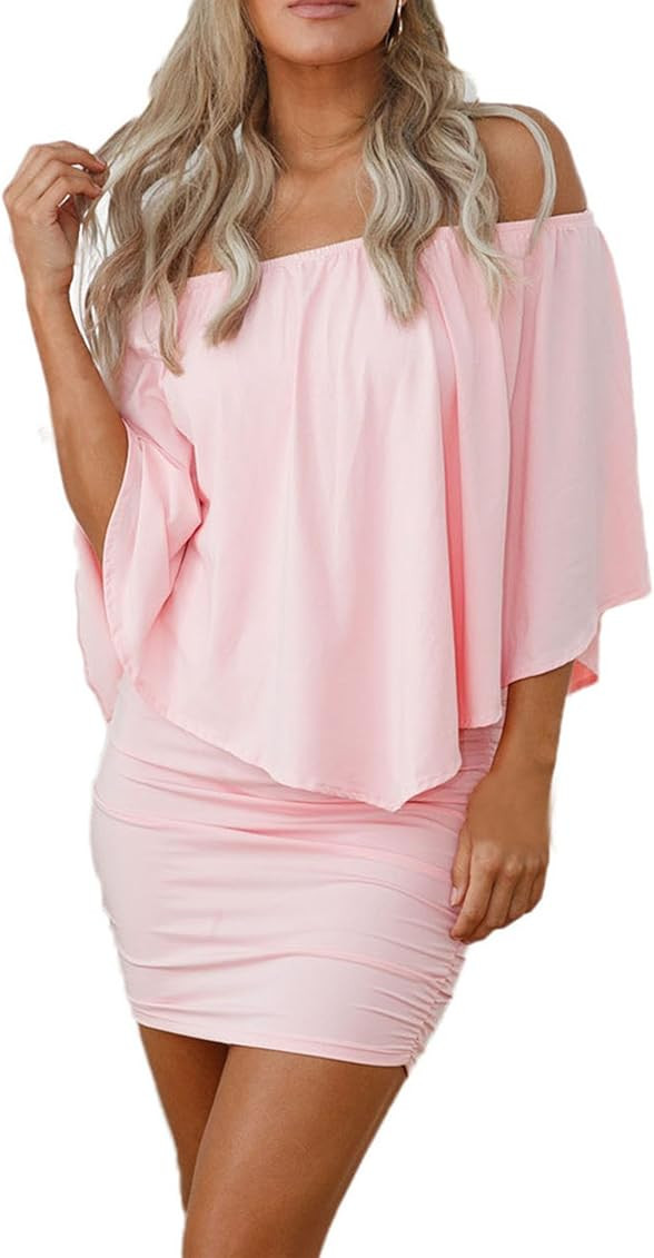 Sidefeel Women Off Shoulder Ruffles Bodycon Mini Dress | Amazon (US)