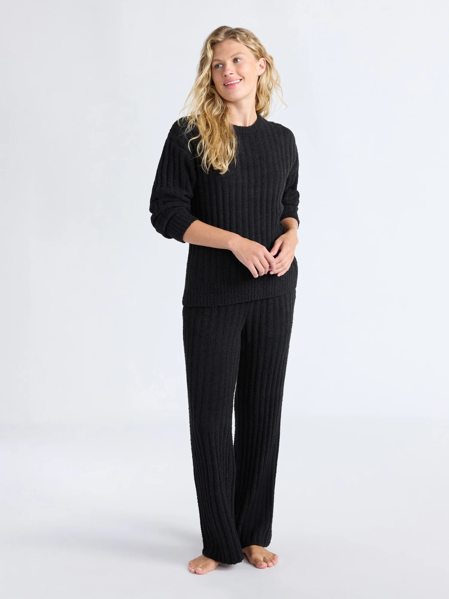 Joyspun Women's Cozy Ribbed Crewneck Top and Wide-Leg Pants Set, 2-Piece, Sizes XS-3X | Walmart (US)