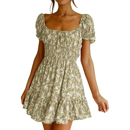 Borke Womens Summer Dress Puff Sleeve Smocked Floral Print Ruffle Swing Mini Dress | Walmart (US)
