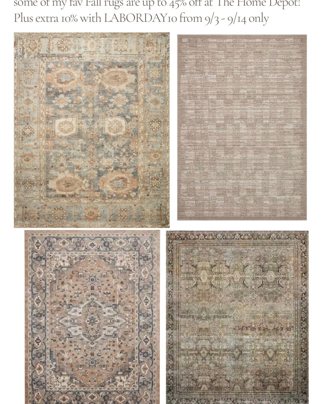 Transitioning into Fall with warm textures, earthy tones, natural materials and cozy layers >>>> seasonal decor 🤎 Sharing The Home Depot Fall finds that are on Labor Day deals right now. Some of my fav Fall rugs are up to 45% off at The Home Depot! Plus extra 10% with LABORDAY10 from 9/3 - 9/14 only 


Fall home, fall decor, neutral fall, autumn decor

#LTKSaleAlert #LTKHome #LTKSeasonal