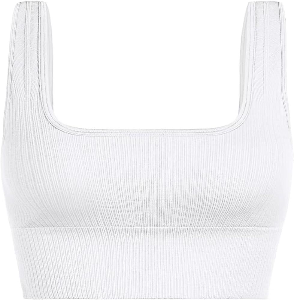 INIBUD Women's Sports Bra Padded Workout Set Crop Tank Tops Bralette Ribbed Seamless Gym Longline | Amazon (US)