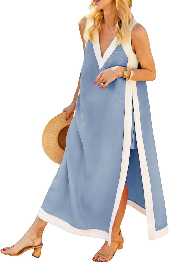Hooever Women's 2 Piece Dress Sets Color Block Sleeveless V Neck Maxi Dress Matching Shorts with ... | Amazon (US)