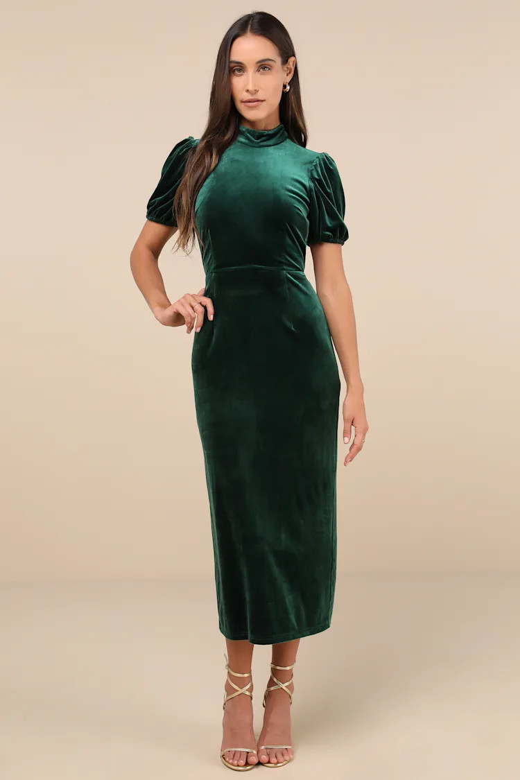 Fabulous Intuition Emerald Velvet Dress Emerald Green Velvet Dress Green Midi Dress Green Outfit | Lulus