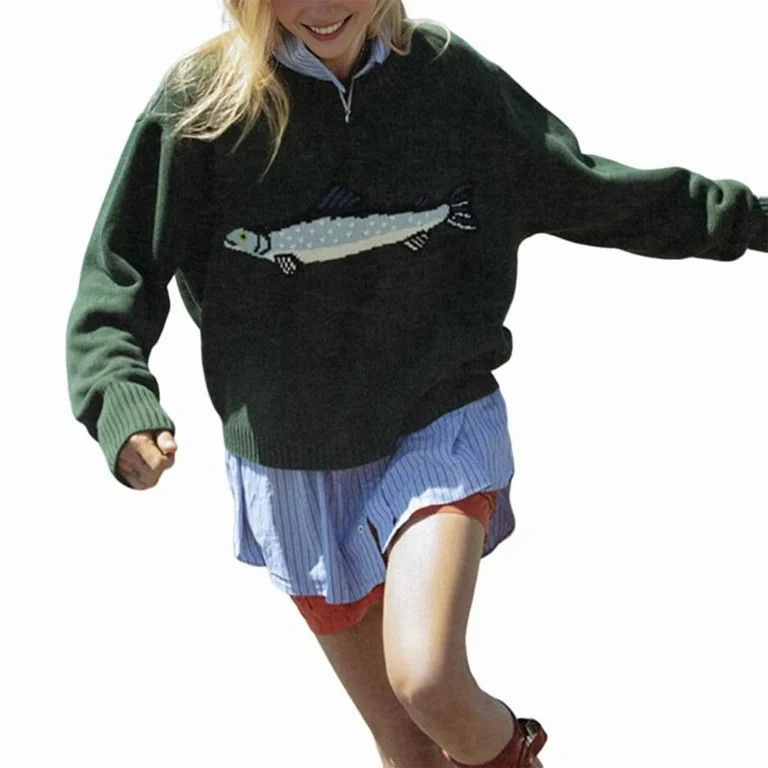 Women Contrast Fish Sweater Long Sleeve Crew Neck Ribbed Knit Pullover Sweaters Fall Casual Tops ... | Walmart (US)