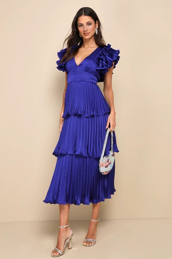 Stunning Desire Cobalt Blue Satin Pleated Tiered Midi Dress | Lulus