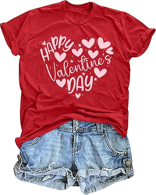 Valentine Day Shirts for Women: Happy Valentine Love Heart T-Shirt Cute Bow Print T Shirt Casual ... | Amazon (US)