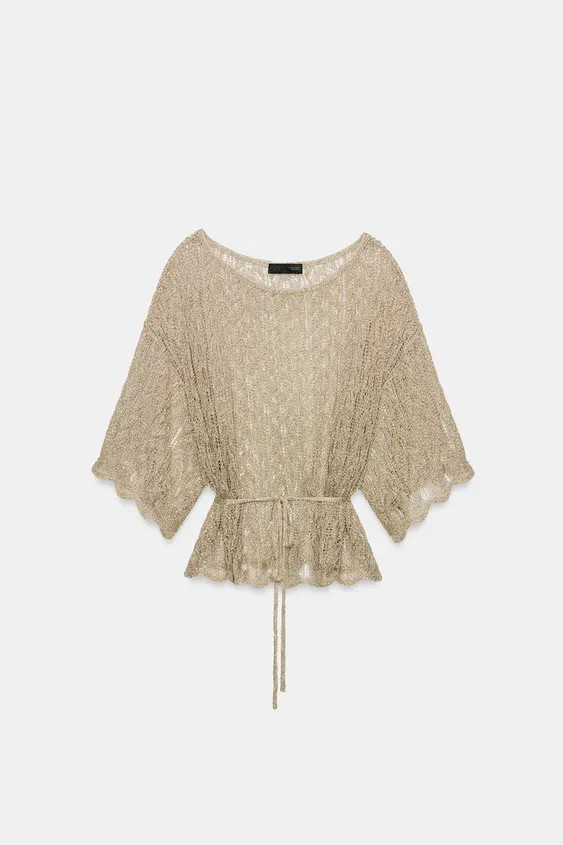 DescriptionContentsMeasurementsOpen-knit top with metallic thread. Boat neck and below-the-elbow ... | Zara US