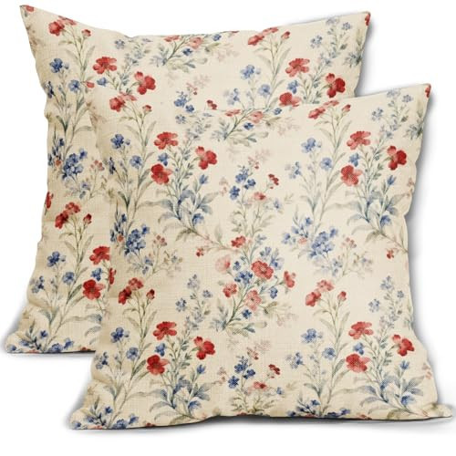 Red Blue Patriotic Floral Pillow Covers 20x20 Inch Set of 2, 4th of July Vintage Flower Decorative Throw Pillow Cases Memorial Independence Day Cushion Covers Outdoor Farmhouse Sofa Couch Decor | Amazon (US)