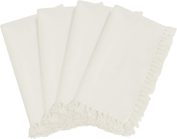 SARO LIFESTYLE 1234 Lizette Collection Fringed Design Festive Dinner Napkins (Set of 4), Off Whit... | Amazon (US)