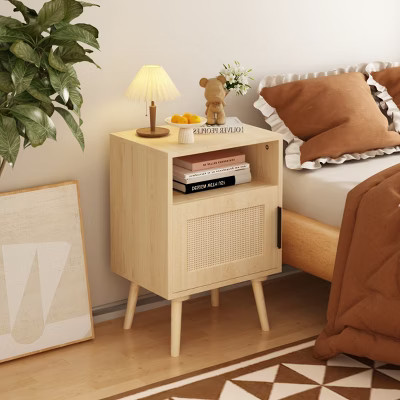 Brown Rattan Nightstand with Storage, Bedside Table with Door and Open Shelf for Bedroom, Small Accent End Table with Solid Wood Legs - Koiai | Target