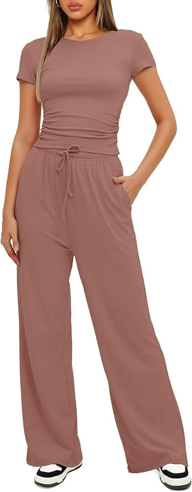 ETCYY NEW Women's two Piece Outfits Lounge Sets Short Sleeve Tops and High Waisted Wide Leg Pants... | Amazon (US)