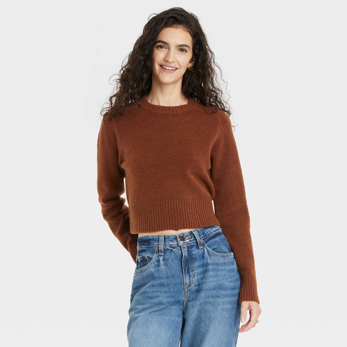 Women's Crew Neck Cashmere-Like Pullover Sweater - Universal Thread™ Brown S | Target