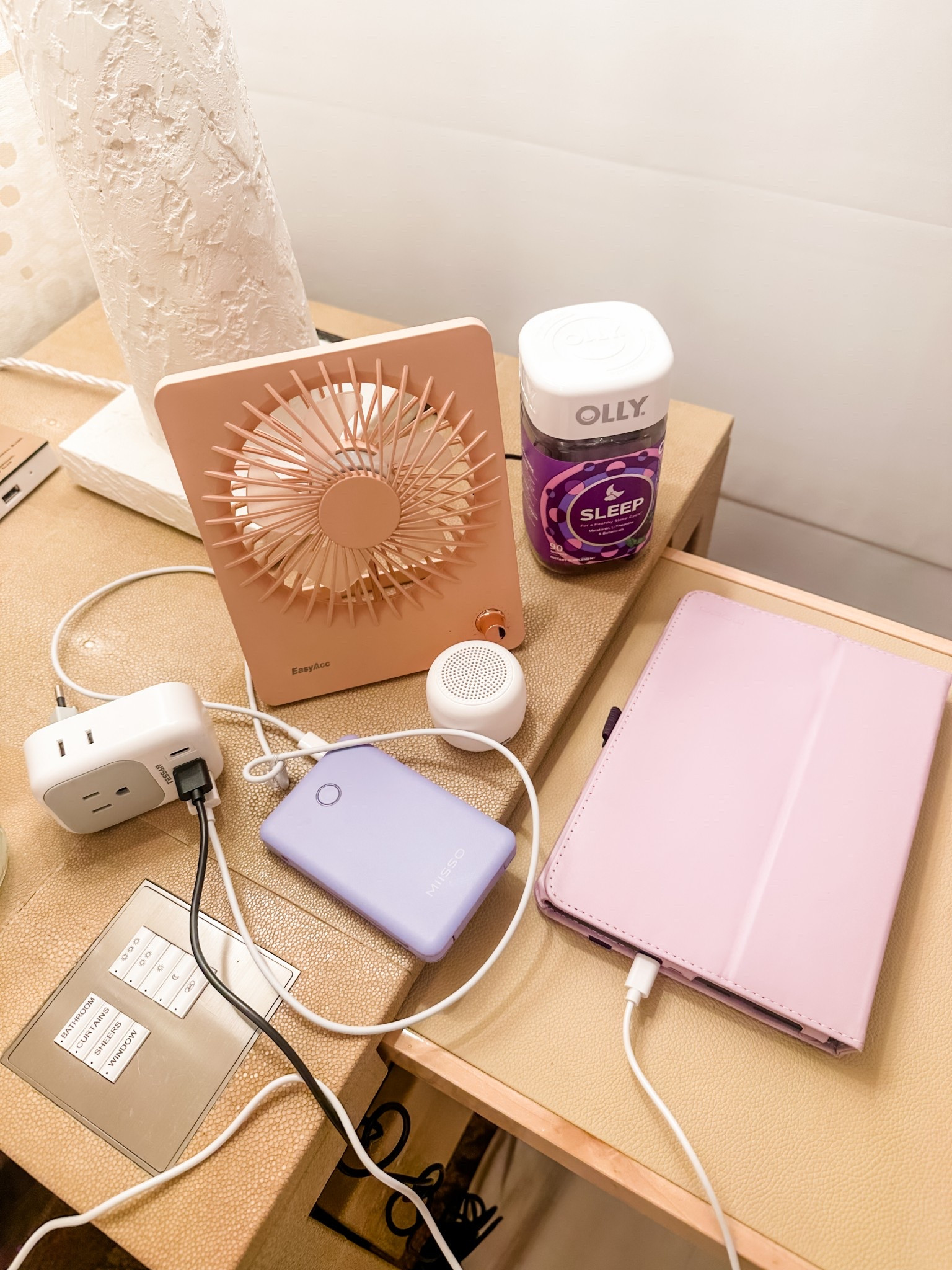 The 5 bedside travel items I have to bring when in Europe! 1) a portable fan for air flow, 2) Melatonin gummies to help with jet lag, 3) a portable white noise machine, 4) portable phone charger to charge overnight and go in my handbag tomorrow, and 5) the best plug adapter with USB ports for easy bedside charging! 