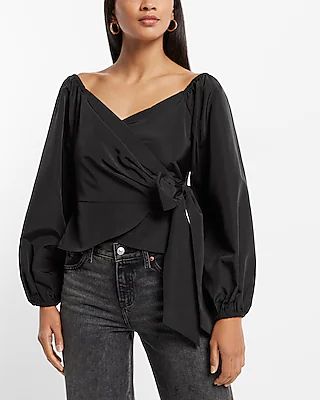 V-Neck Balloon Sleeve Wrap Tie Waist Top | Express