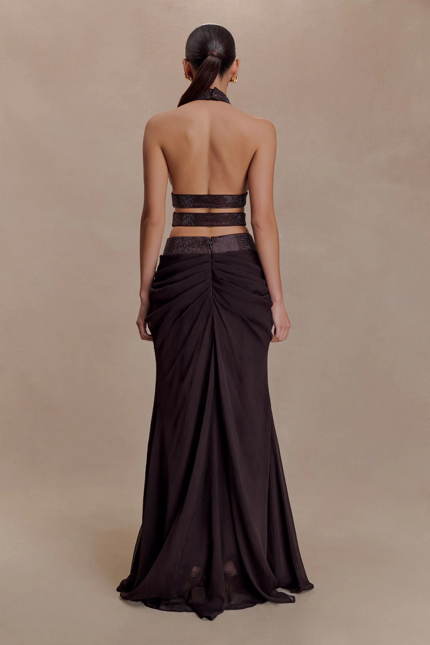 Siren Satin And Diamante Maxi Skirt - Dark Chocolate | Meshki UK