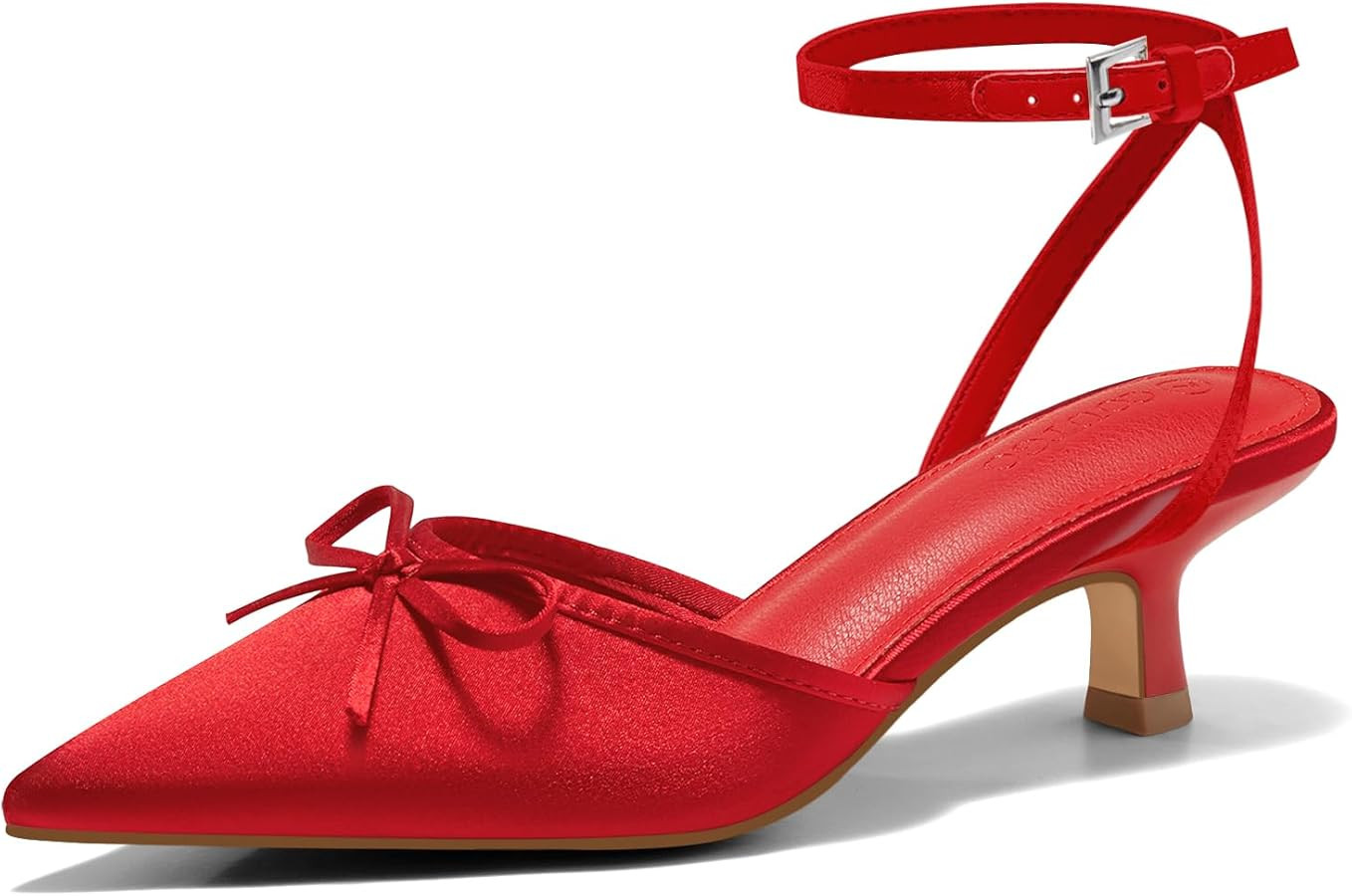 Coutgo Satin Kitten Low Heels with Bow Closed Pointed Toe Short Pumps Dress Wedding Party Shoes | Amazon (US)