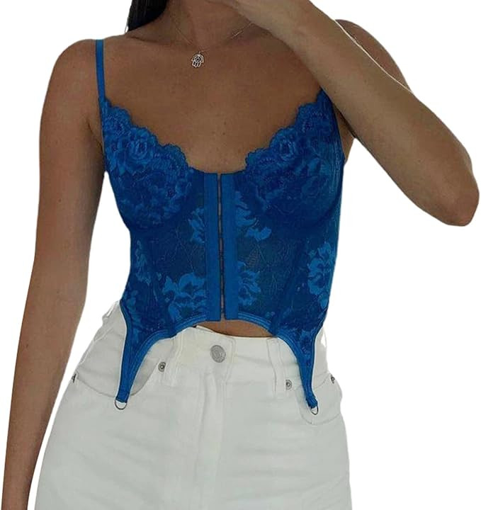 Women Lace Corset Tops Sexy Patchwork Y2K Vintage Aesthetic Push Up Bustier | Amazon (US)