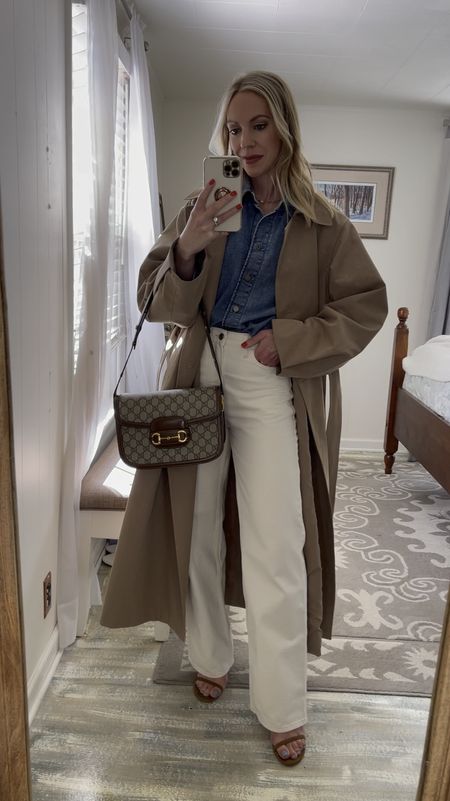 Trench coat outfit, denim on denim, white jeans, spring date night outfit, Gucci bag

#LTKfindsunder100 #LTKitbag #LTKVideo