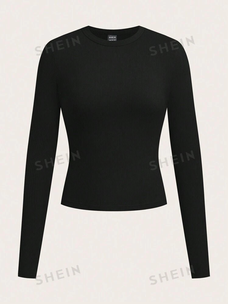 SHEIN BASICS Classic Round Neck Long Sleeve Fitted Women Knit T-Shirt | SHEIN