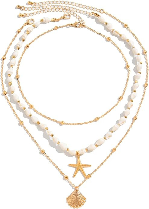Seashell Necklace for Women Gold Layered Sea Shell Necklace Boho Summer Beach Necklaces for Women... | Amazon (US)
