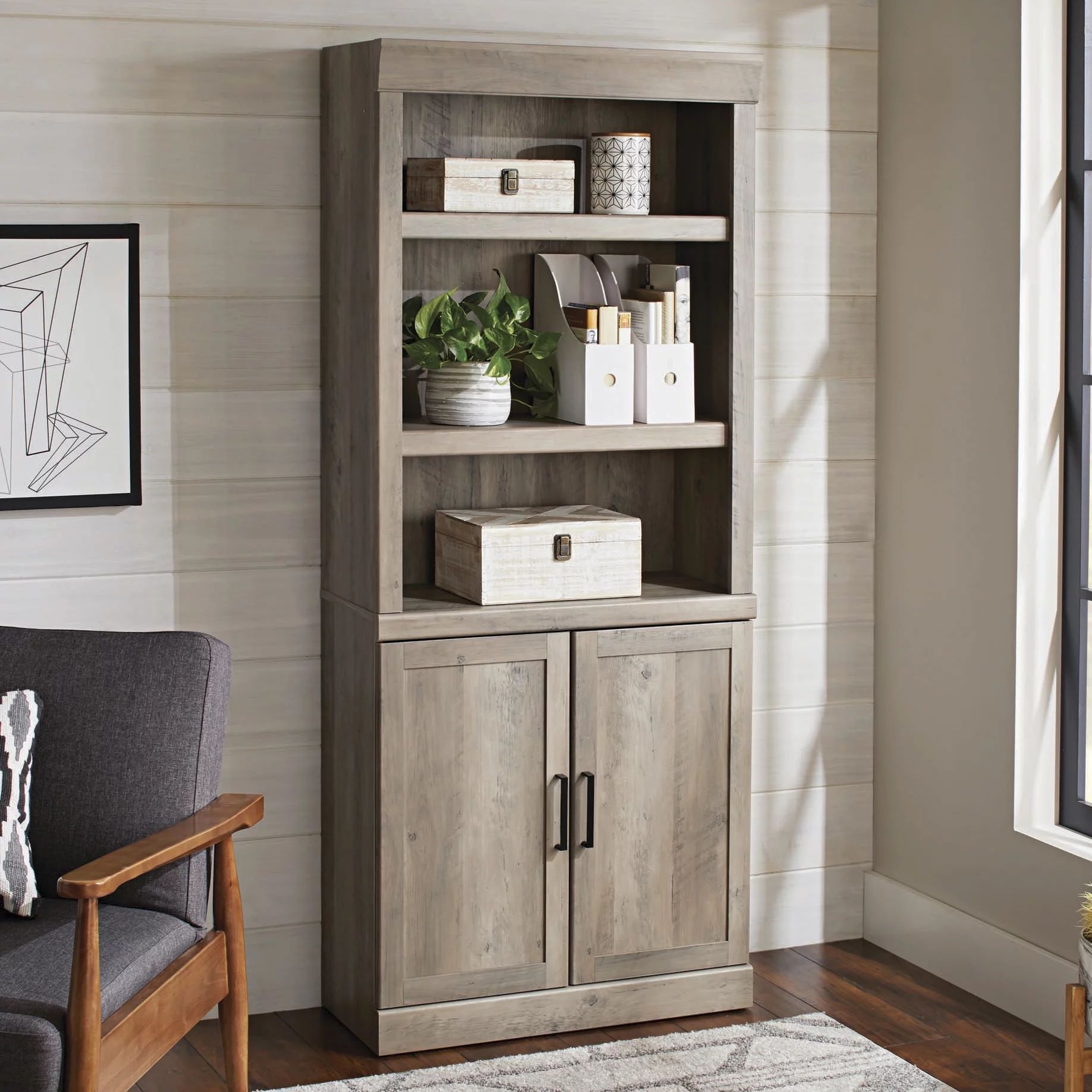 Better Homes & Gardens Glendale 5 Shelf Bookcase with Doors, Rustic Gray Finish - Walmart.com | Walmart (US)