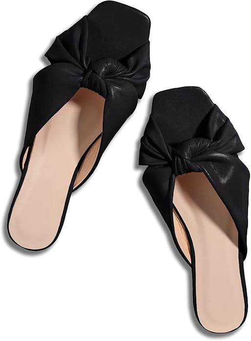 Womens Square Toe Flat Slides Sandals Bow Tie Slip on Mules Summer Comfortable Beach Shoes Slippe... | Amazon (US)