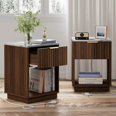 Schaitman 18''W 1-Drawer Nightstand with Open Cubby, Wood Nightstand with Built-In Outlets (Set of 2) | Wayfair North America