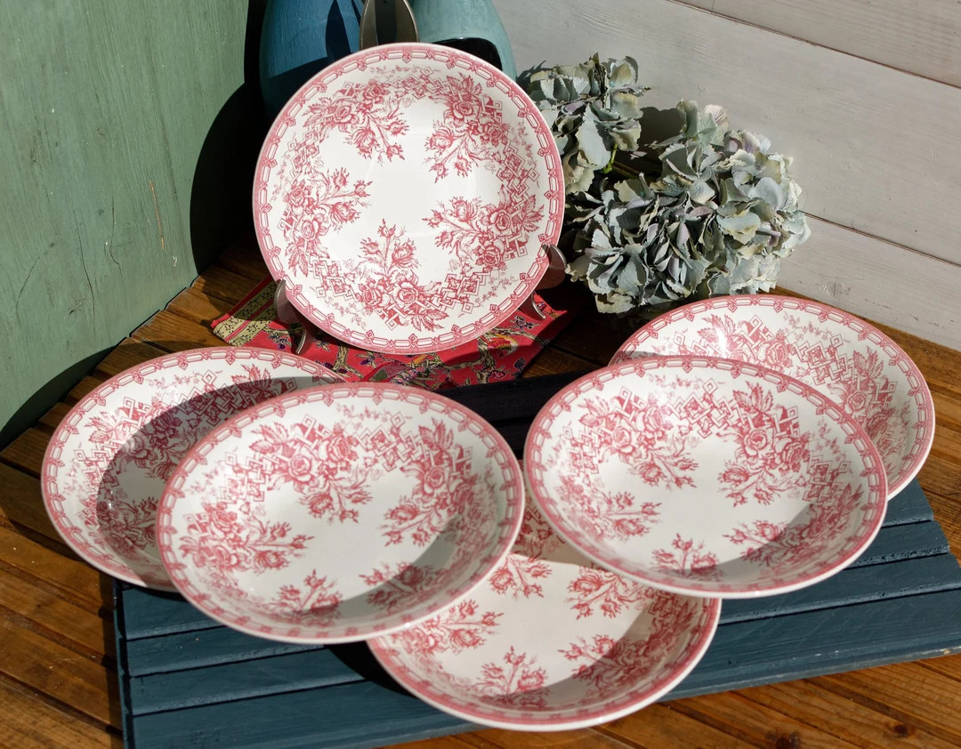 1960s French Vintage TRANSFERWARE Round Bowl Sarreguemines MADE in France Red Floral Earthware Te... | Etsy (US)