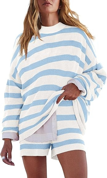 LAMISSCHE Womens Oversized Lounge Sets 2 Piece Outfits Striped Matching Pajama Set Long Sleeve Sw... | Amazon (US)