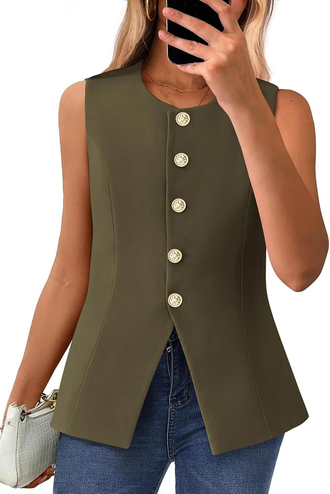 BTFBM Summer Sleeveless Blazer Vest For Women Dressy Button Down Round Neck Business Casual Outfi... | Amazon (US)