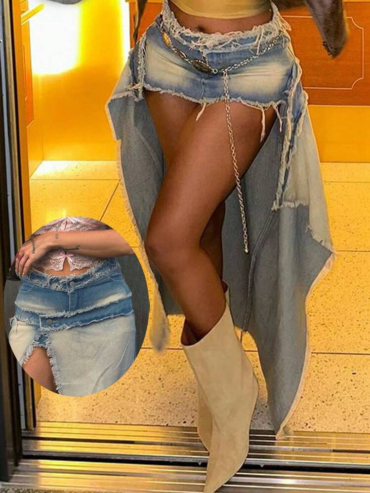 Y2K Street Vintage Edge Washed Frayed Ripped Raw Tirm Asymmetrical Hem Two Way Wear Bodycon Denim... | SHEIN