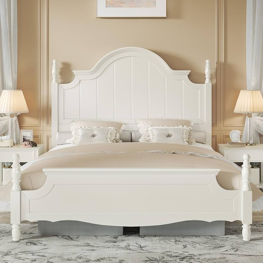 AMERLIFE Solid Wood Queen Bed Frame with 56" Arched Headboard, Traditional Poster Bed with Wooden... | Amazon (US)