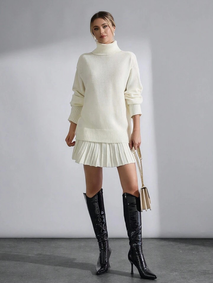 2pcs/Set Women's Turtleneck Long Sleeve Casual Solid Color Blouse And Pleated Stylish Mini Skirt | SHEIN
