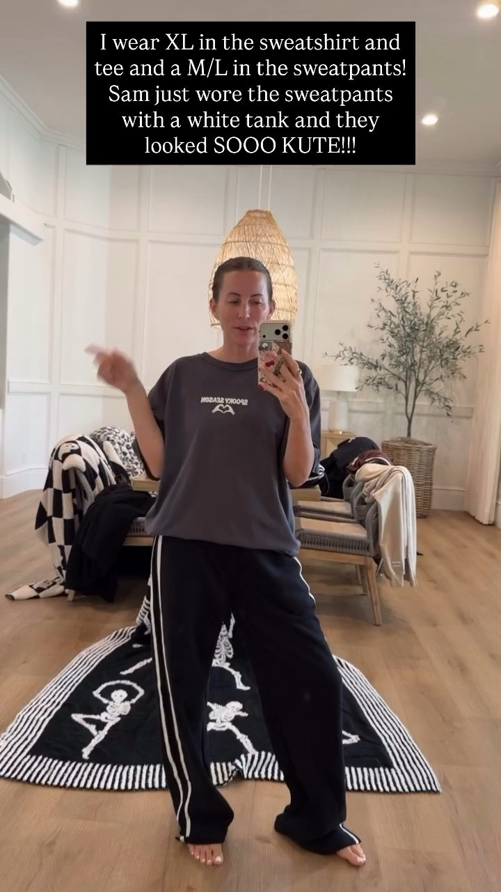 I wear XL in the sweatshirt and tee and a M/L in the sweatpants!Sam just wore the sweatpants with a white tank and they looked SOOO KUTE!!!
