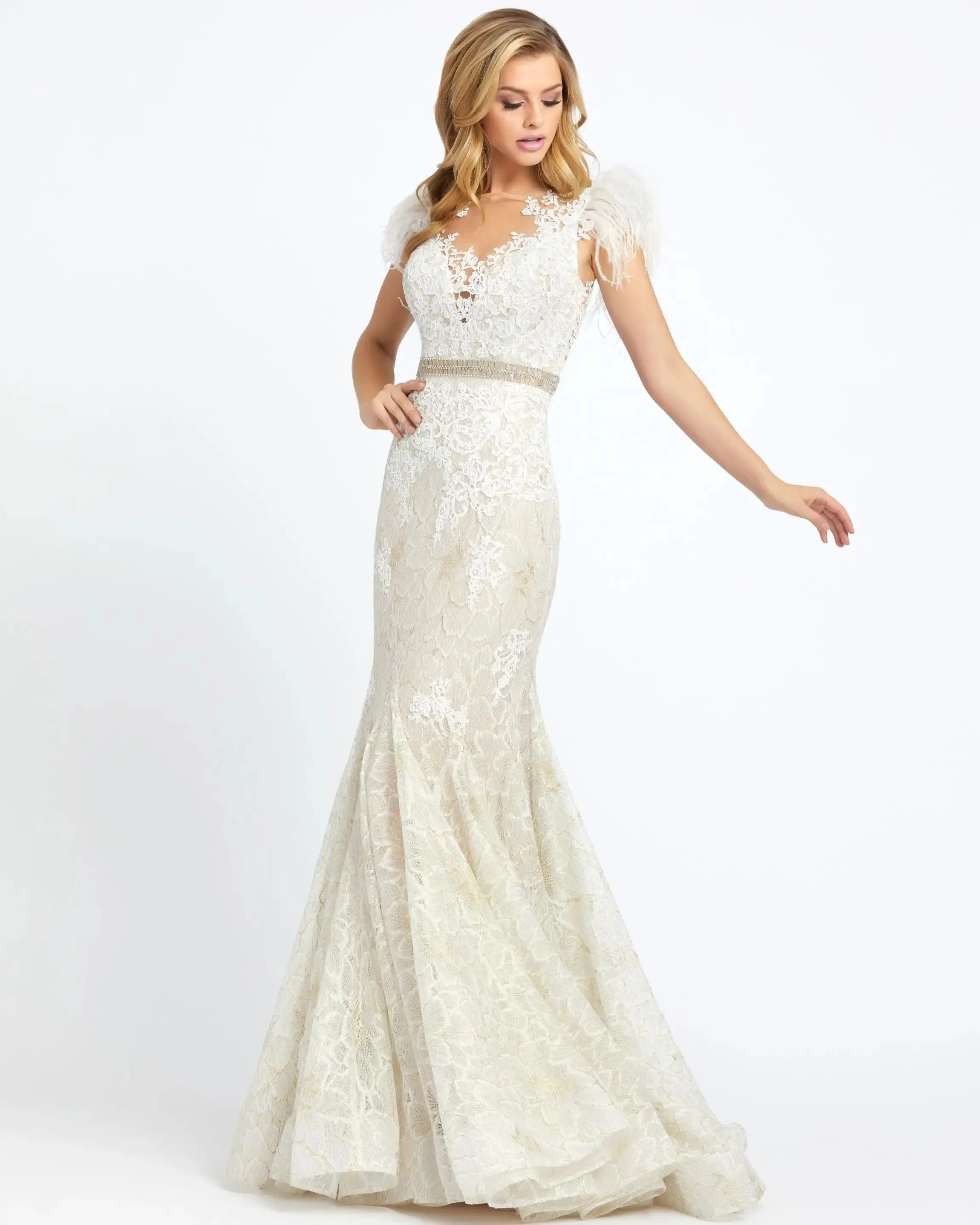 White Embellished Feather Cap Sleeve Illusion Neck Trumpet Gown - Mac | Mac Duggal