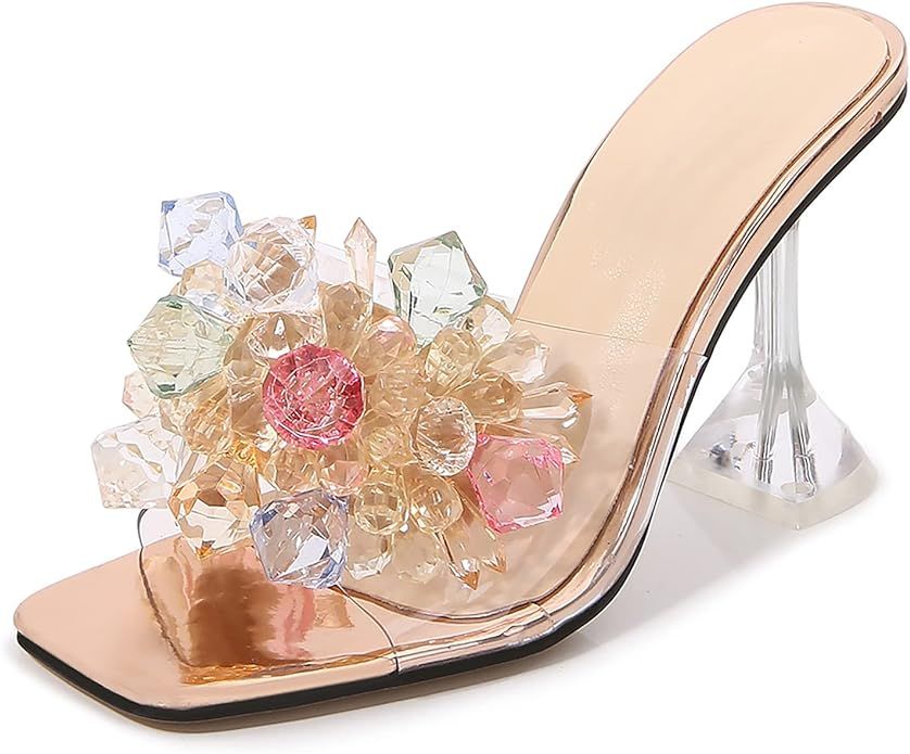 fereshte Women's Crystal Flower Heels Square Toe Heeled Mule Stiletto Dress Party Wedding Sandals | Amazon (US)