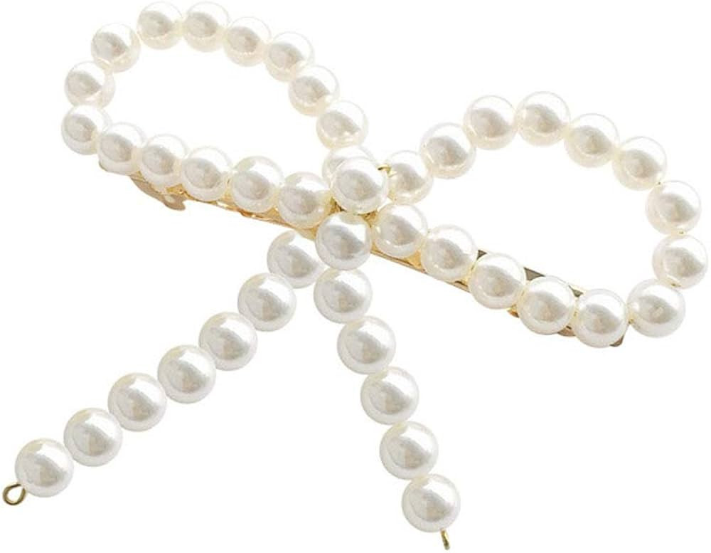 AKOAK 1 Pack Elegant and Sweet White Pearl Bow Duckbill Clip, Ladies Pearl Side Clip Bangs Hair C... | Amazon (US)