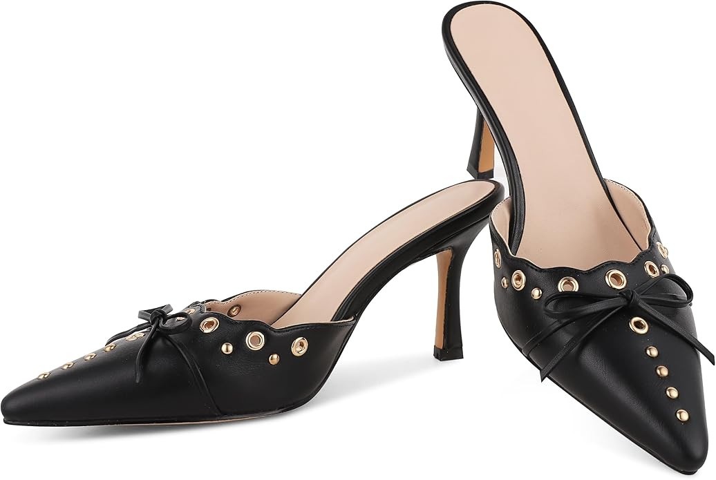 SaraIris Women's Black Mules Heels Pointed Toe Studded Slingback High Heel | Amazon (US)
