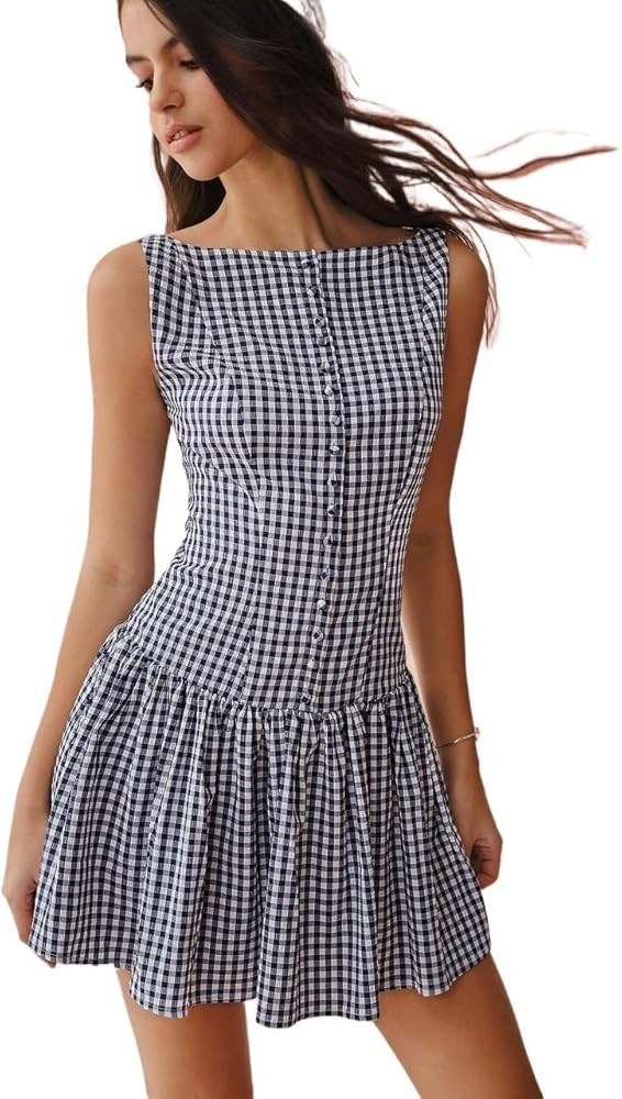 Sexy Summer Dresses for Women 2025 Front Button Plaid Simplified Sleeveless Mini Dress | Amazon (US)