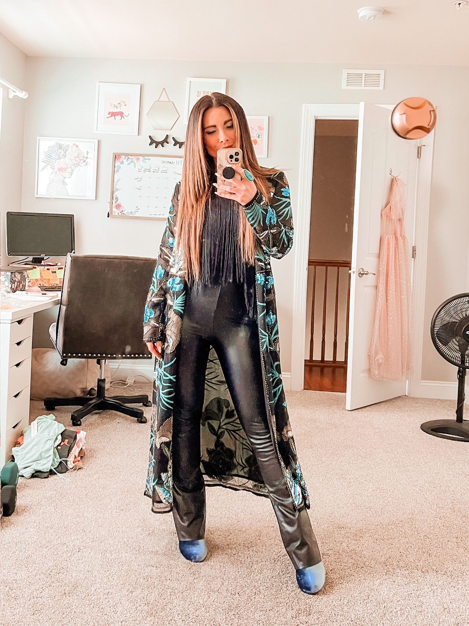 NASHVILLE OUTFIT. Or any night out, bachelorette party, or themed party! Love this fringe bodysuit, and this sequin kimono is even more beautiful in person!! Thin enough to layer at night. Swap the leather pants for shorts for a summer nights look.

#LTKsalealert #LTKstyletip #LTKunder50