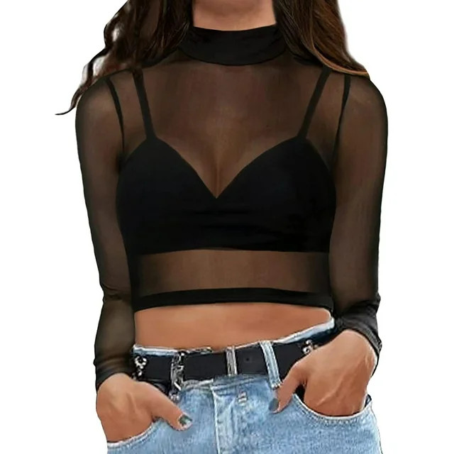 Dyfzdhu Crop Tops for Women Trendy Transparent Mesh Long Sleeve Crew Neck Blouse Black - Walmart.... | Walmart (US)