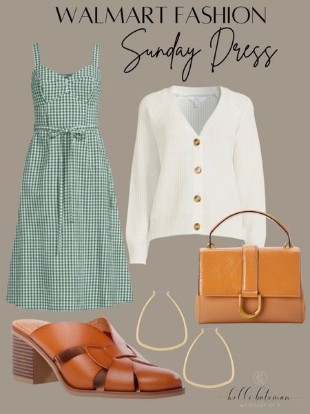 Gingham dress with sweater, wedge sandals, jewelry and handbag from Walmart. 

#LTKstyletip #LTKfit #LTKFind