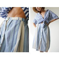Vintage White Blue Striped A-Line Over The Knee Length High Waist Simple Midi Skirt S | Etsy (US)