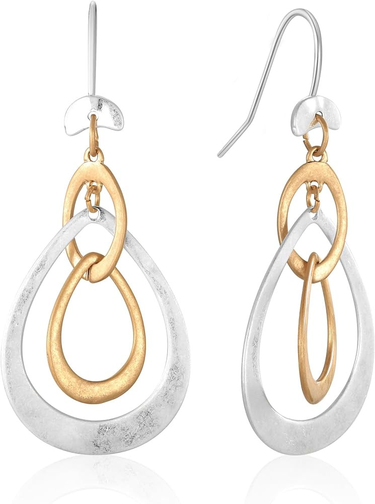 Antique Gold Hammered Disc Drop Earrings Boho Earrings with Two Tone Jewelry Gift | Amazon (US)