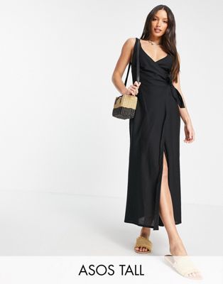 ASOS DESIGN Tall linen wrap maxi dress in black | ASOS (Global)