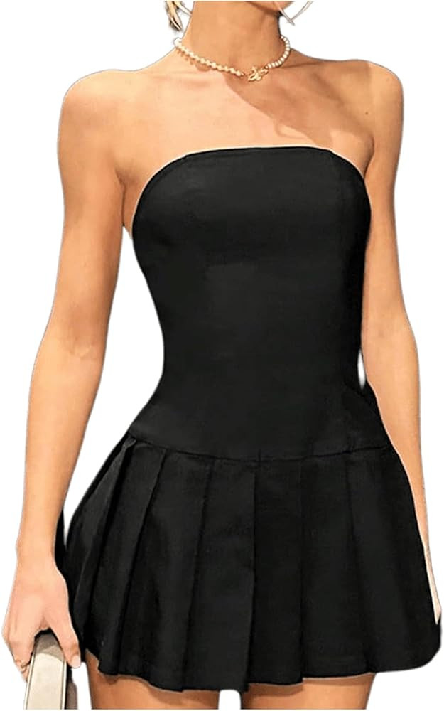 SOLY HUX Women's Pleated Tube Dress Strapless Sleeveless A Line Mini Dresses | Amazon (US)