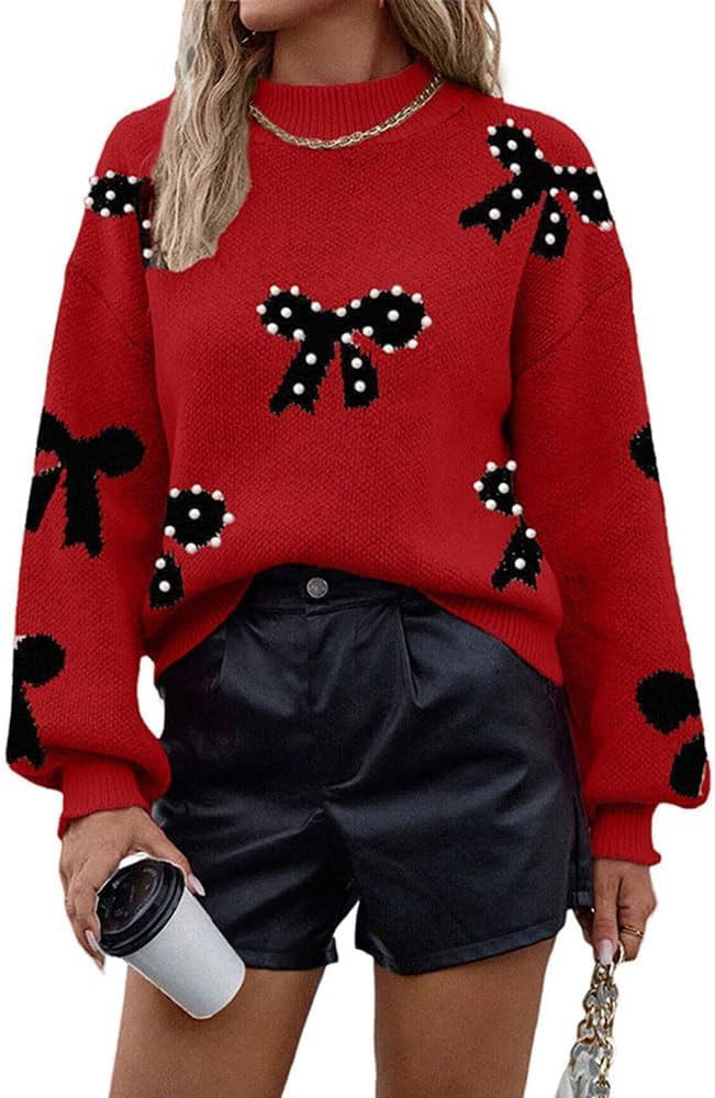 Melliflo Women's Cute Pearl Bow Sweater Fall Lantern Long Sleeve Mock Neck Knit Sweater Casual Lo... | Amazon (US)