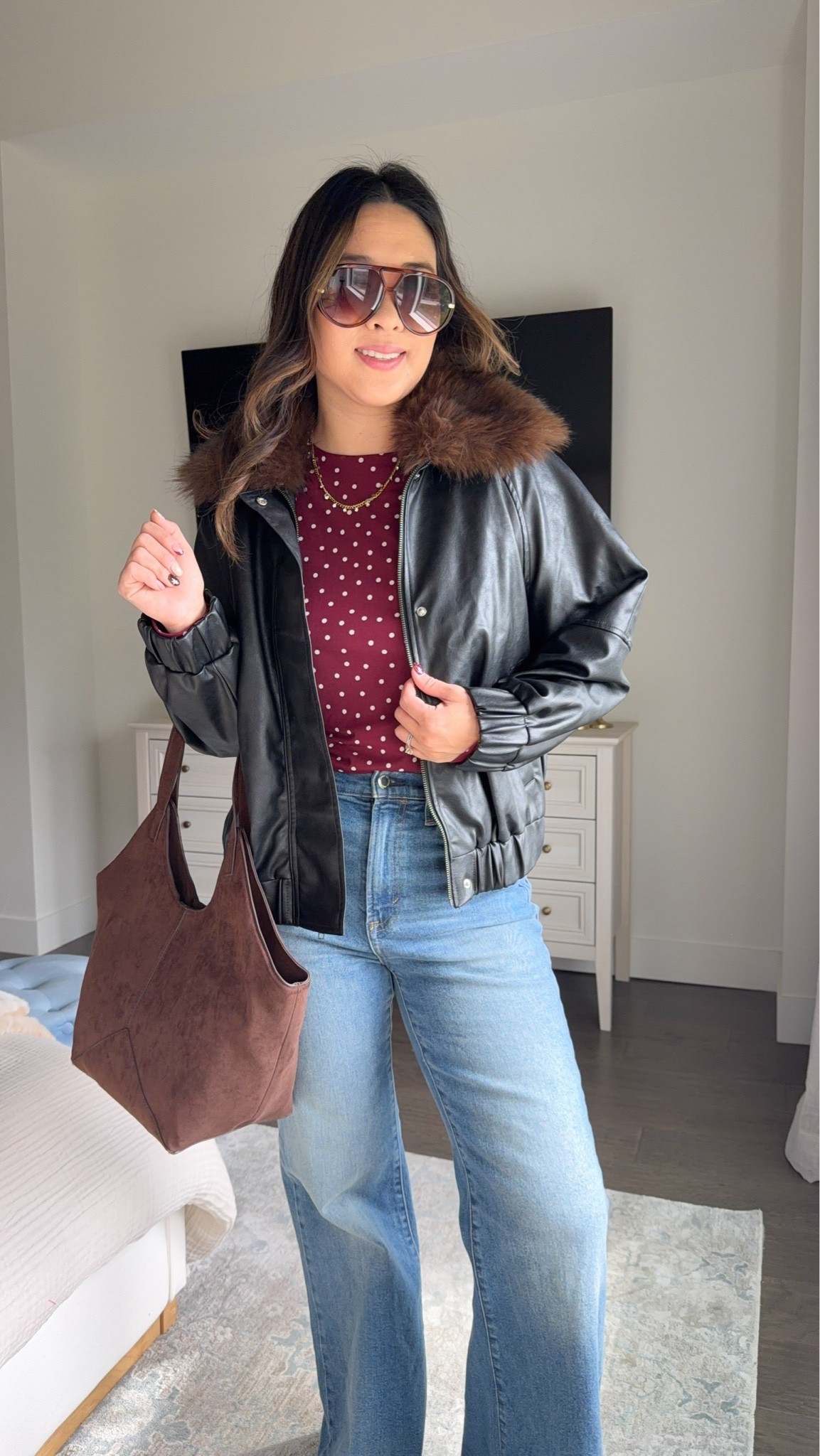 Target New Arrivals // Boujee on a budget // look for less Polka dot top: Medium (swapping for Small) High rise flare jeans: 6 Faux leather jacket: Small Pink top: Small Brown barrel denim: 6 Workout set: Medium Black Jacket: Medium Cream Blouse: Medium Red Denim: 6