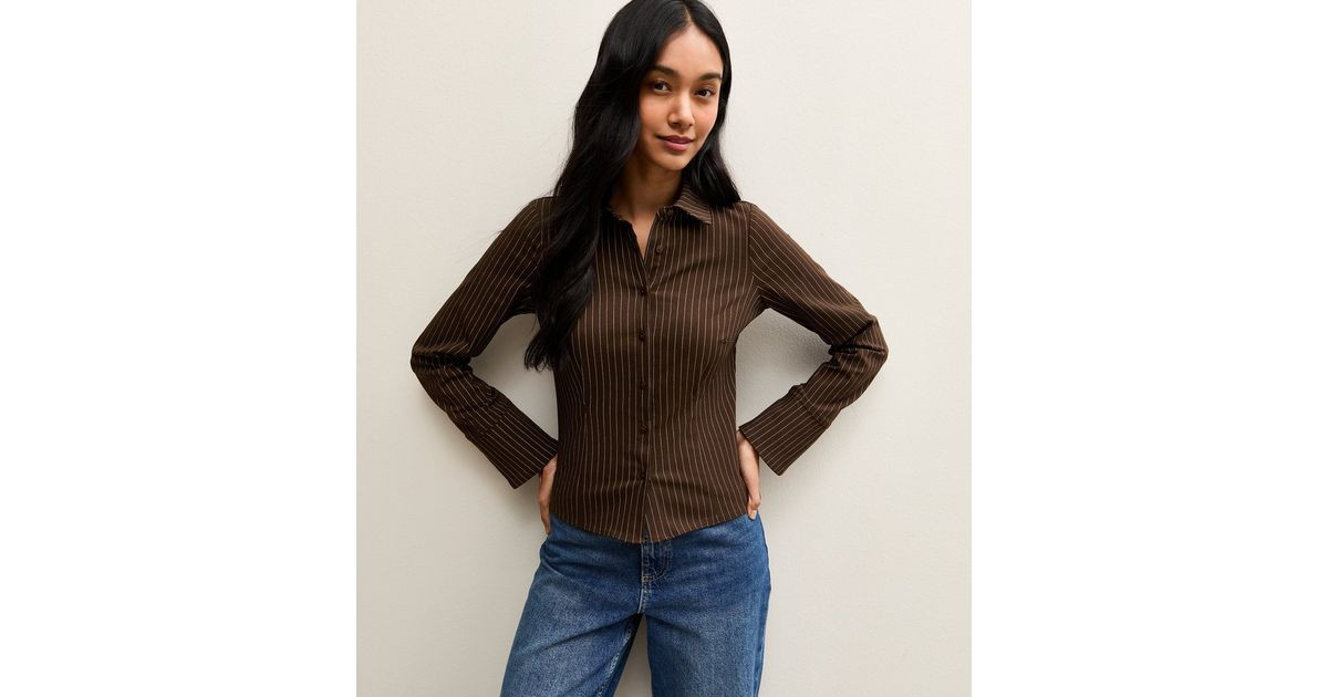 Brown Pinstriped Fitted Long Sleeve Shirt | New Look | New Look (UK)