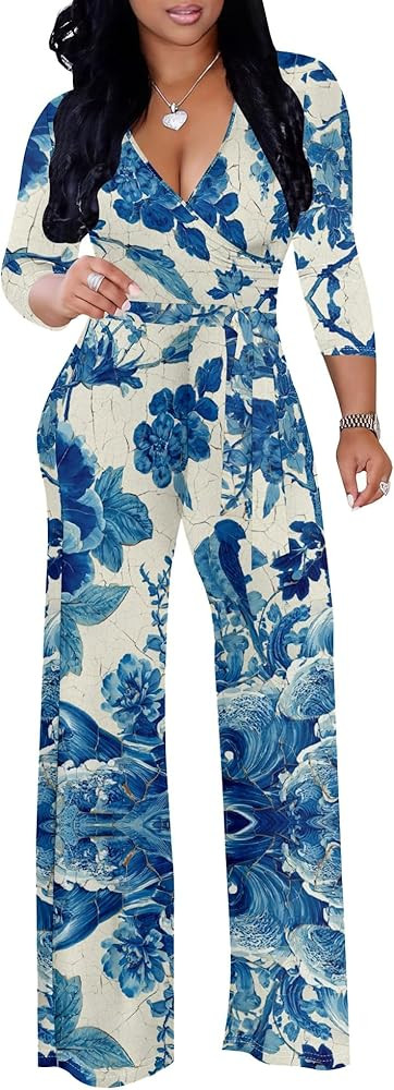 Hxkwox Women's Sexy V Neck High Waist Jumpsuit Elegant Long Sleeve Wide Leg Jumpsuits with Belt a... | Amazon (US)